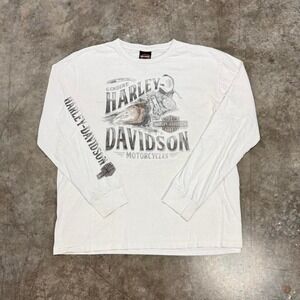 Harley Davidson White Long Sleeve Biker Tee Thrashed With Sleeve Hits
